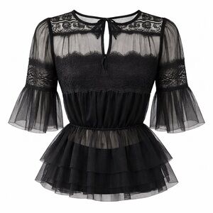 Sheer Black Lace Peplum Blouse Bell Sleeve Mesh Romantic Gothic Top S (no tag)